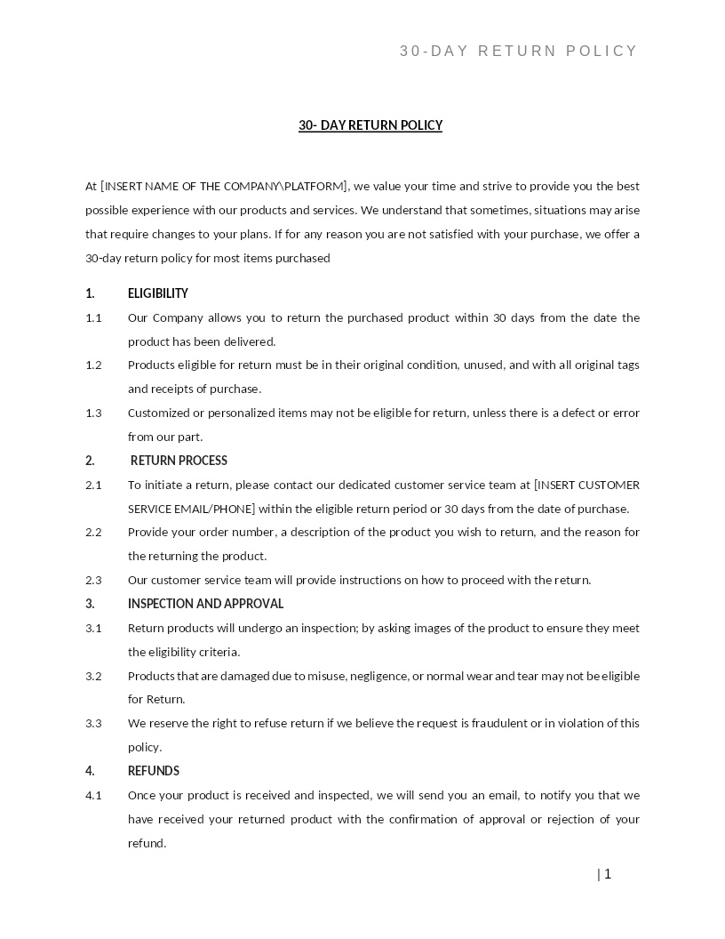 30 DAY RETURN POLICY
