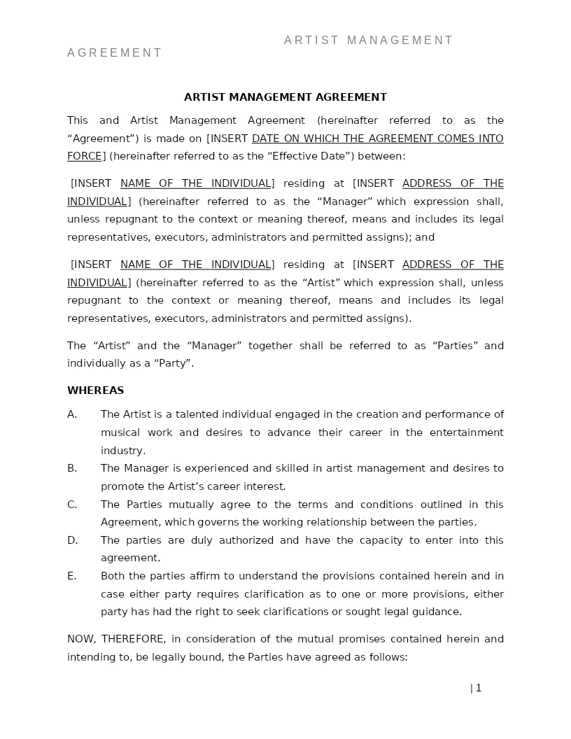 ARTIST MANAGEMENT AGREEMENT