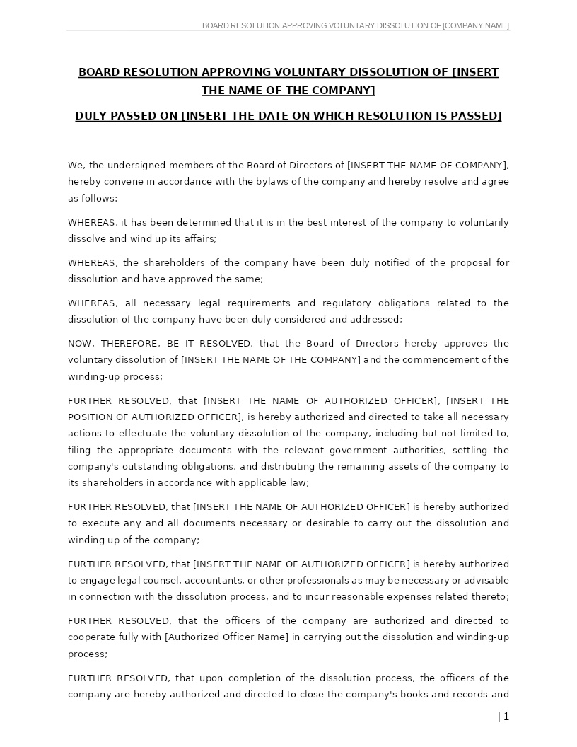BOARD RESOLUTION APPROVING VOLUNTARY DISSOLUTION