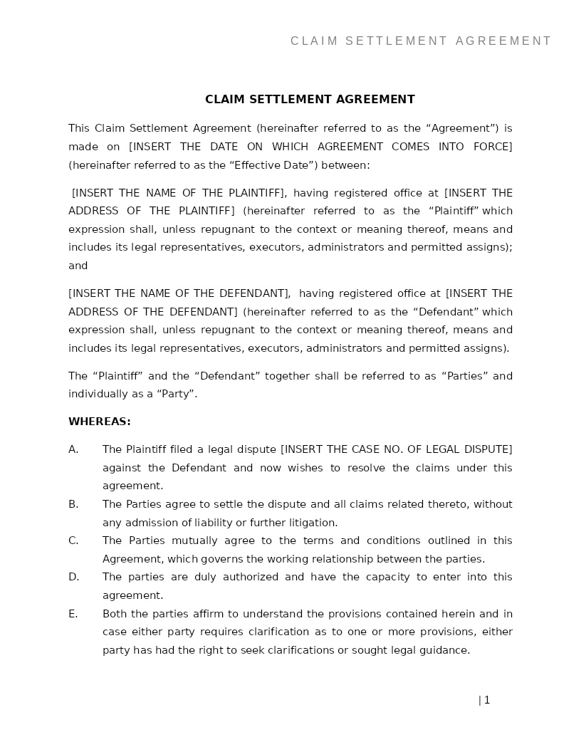 CLAIM SETTLEMENT AGREEMENT