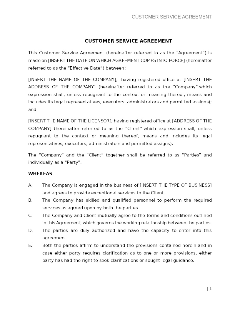 CUSTOMER SERVICE AGREEMENT