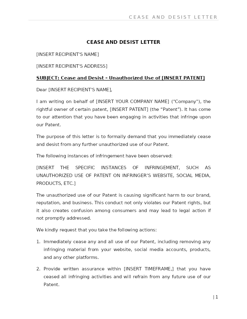 CEASE AND DESIST LETTER (PATENT)