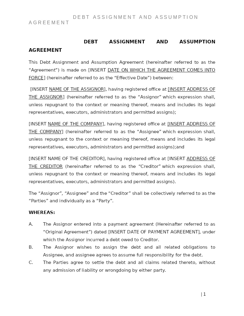 DEBT ASSIGNMENT AND ASSUMPTION AGREEMENT