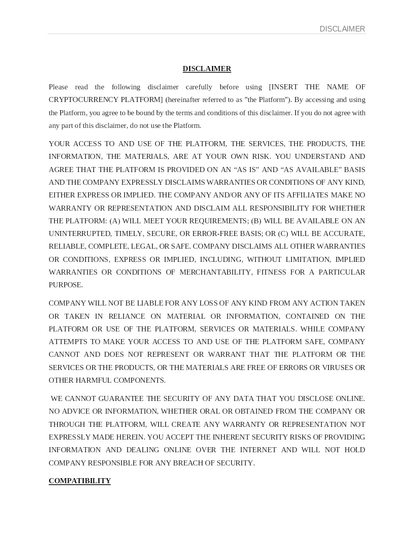 DISCLAIMER- CRYPTOCURRENCY PLATFORM