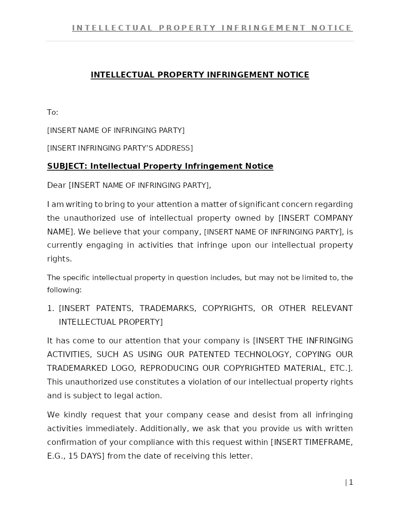 INTELLECTUAL PROPERTY INFRINGEMENT NOTICE