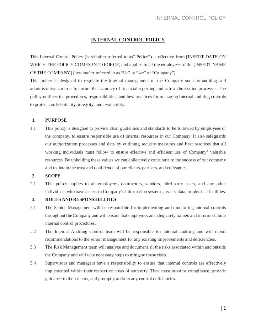 INTERNAL CONTROL POLICY