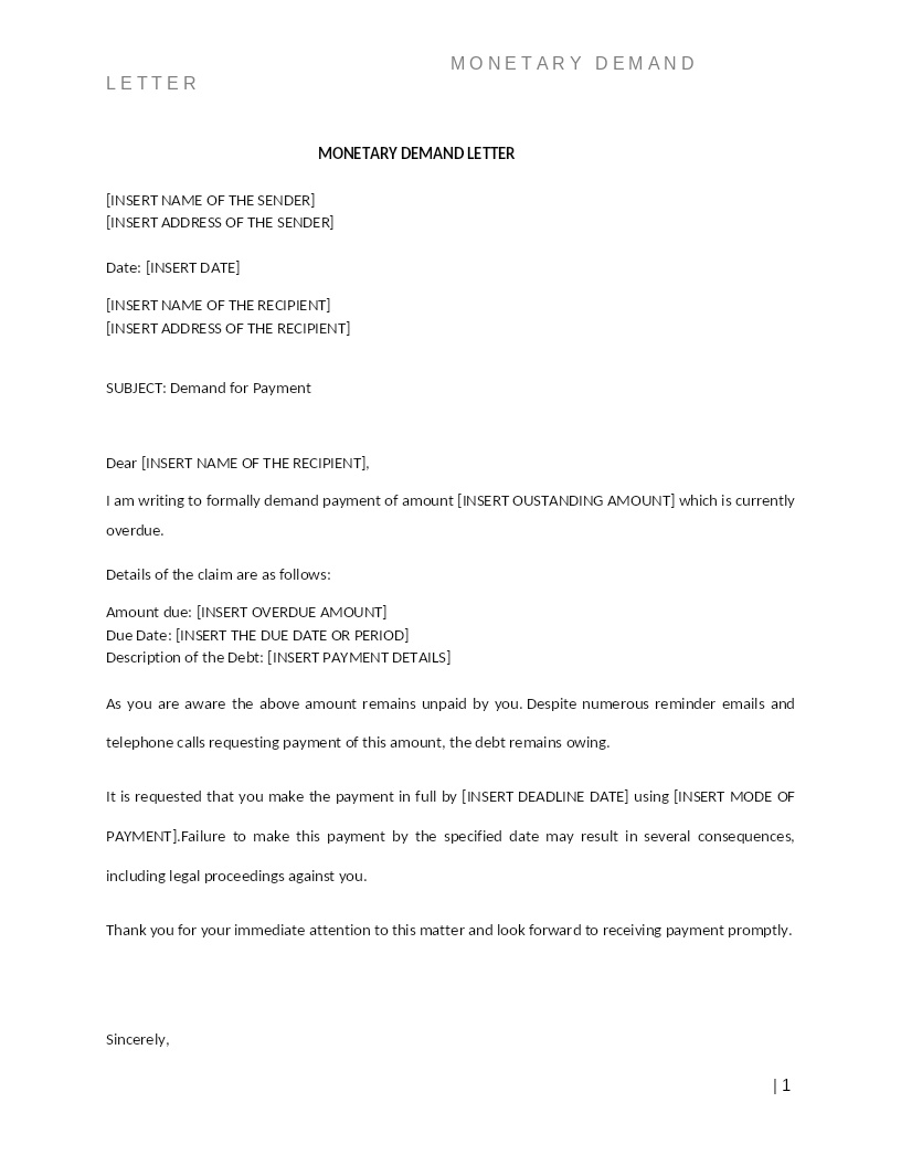 MONETARY DEMAND LETTER