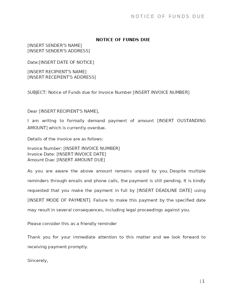 NOTICE OF FUNDS DUE