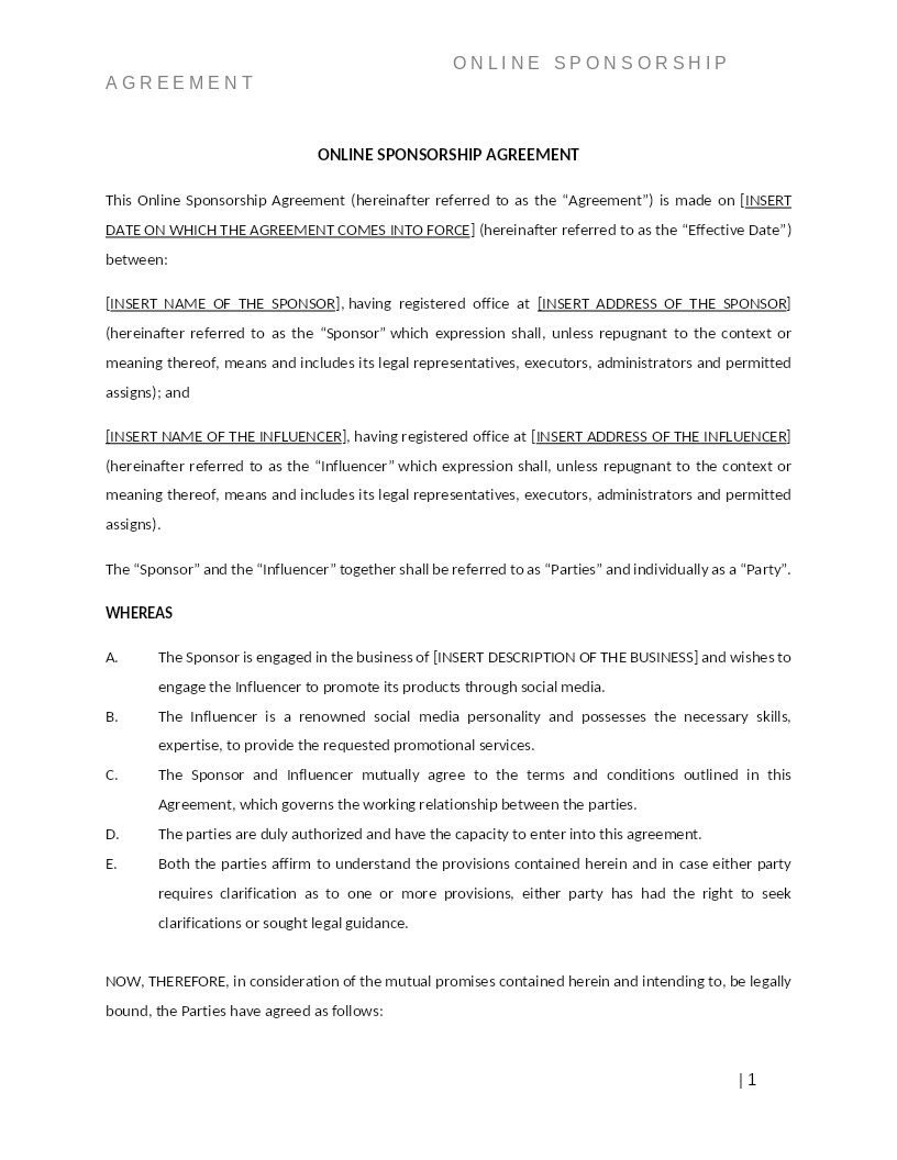 ONLINE SPONSORSHIP AGREEMENT