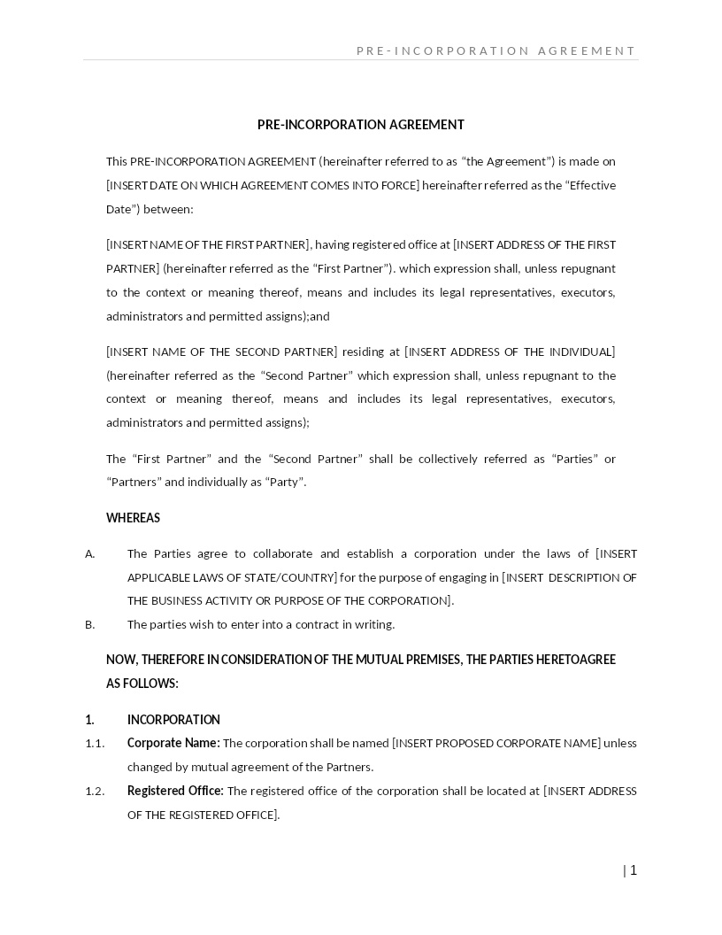 PRE-INCORPORATION AGREEMENT