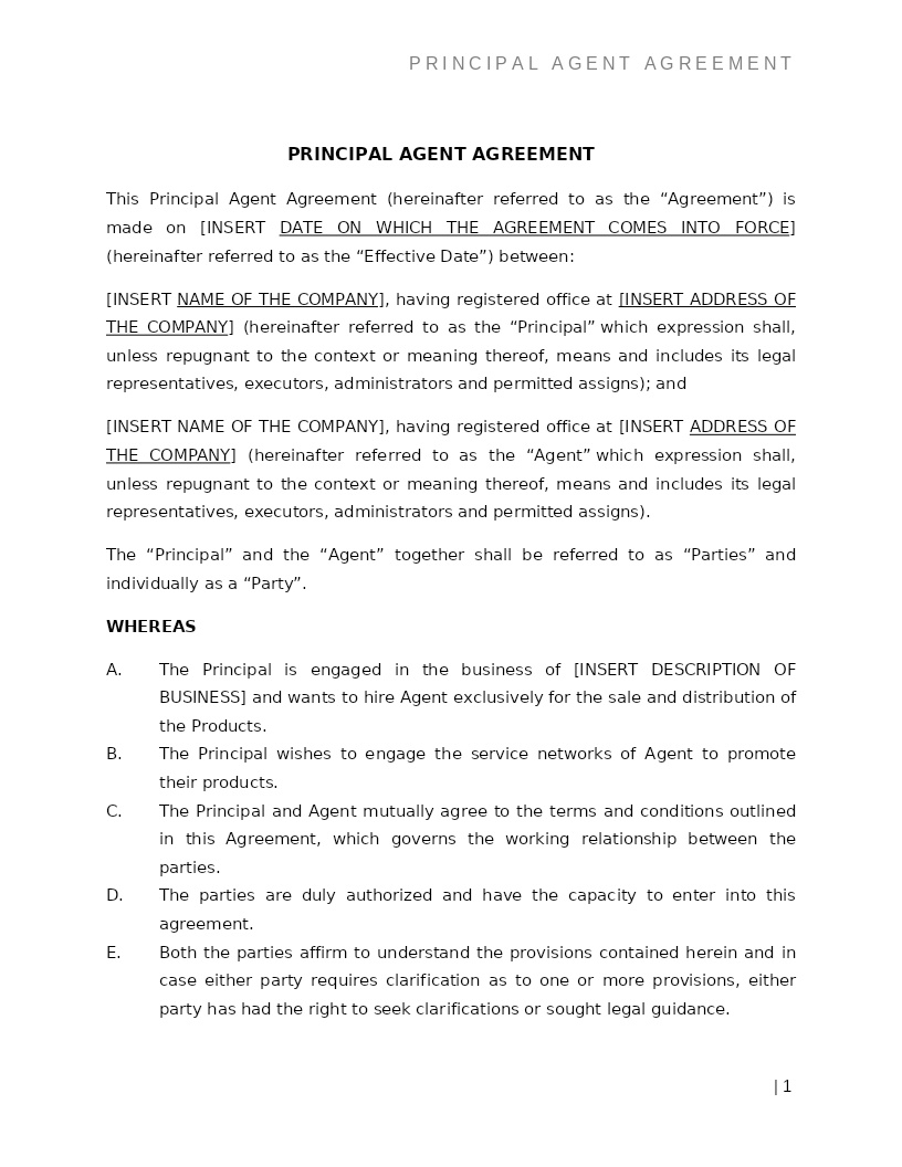 PRINCIPAL AGENT AGREEMENT
