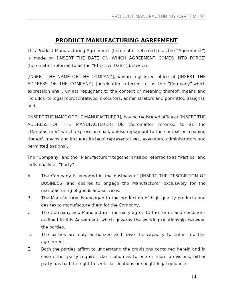 PRODUCT MANUFACTURING AGREEMENT
