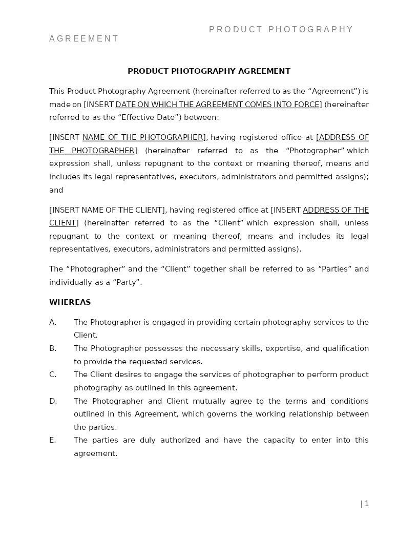 PRODUCT PHOTOGRAPHY AGREEMENT