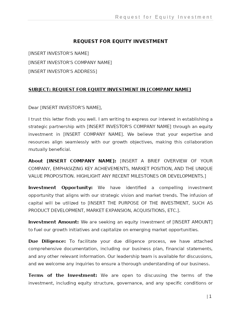 REQUEST FOR EQUITY INVESTMENT