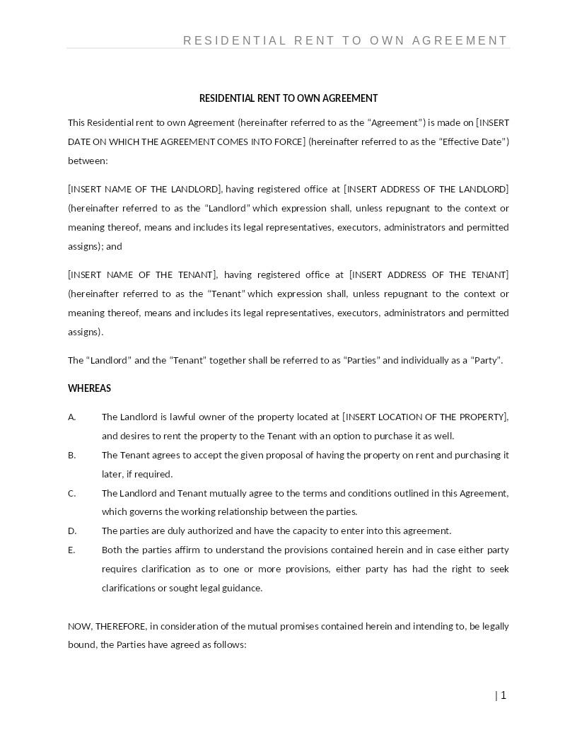 RESIDENTIAL RENT TO OWN AGREEMENT
