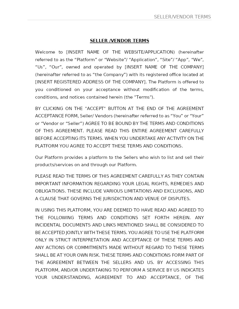 SELLER / VENDOR TERMS AND CONDITIONS FOR E-COMMERCE