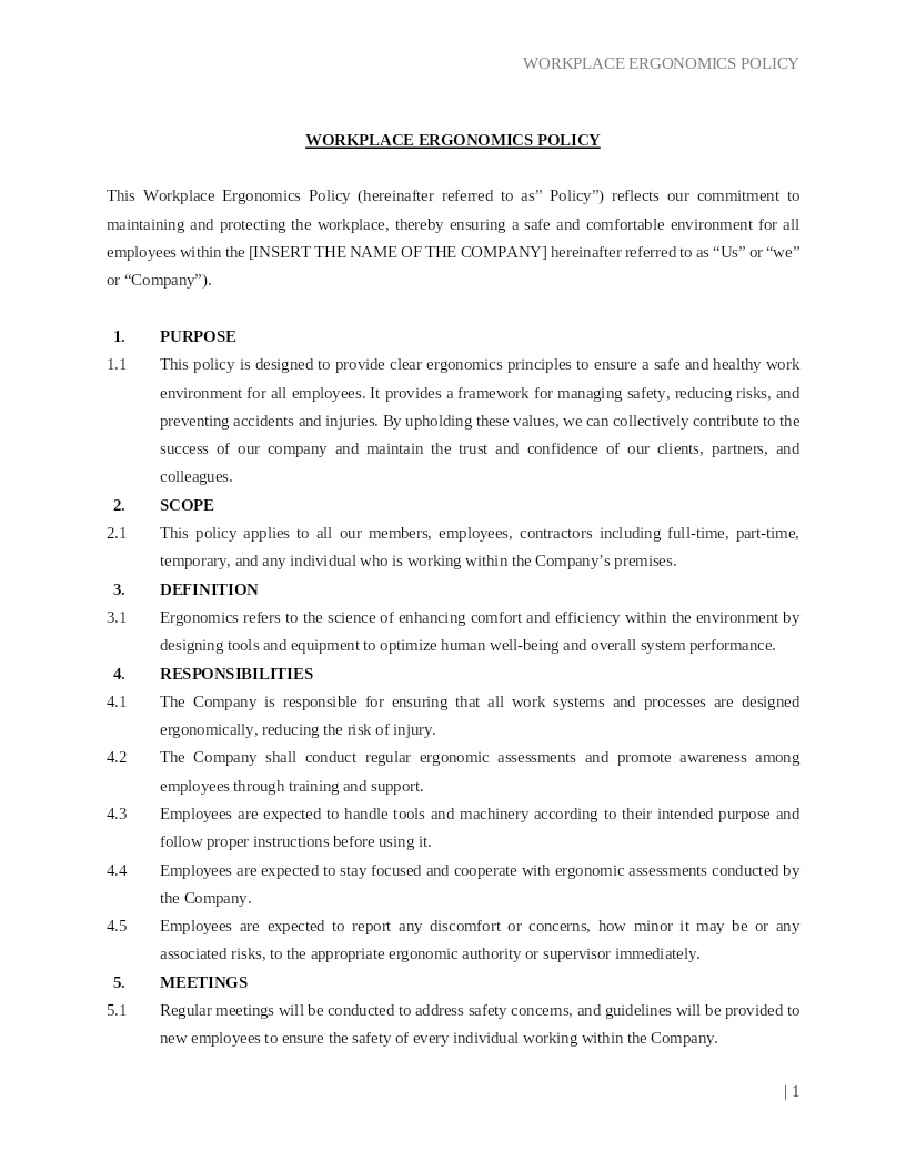 WORKPLACE ERGONOMICS POLICY